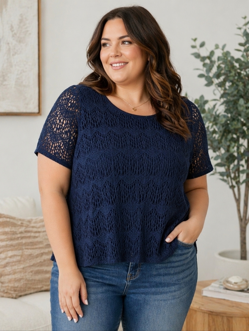 Verve Ami Lace Blouse 2X Navy Crochet Short Sleeve Top Sheer Overlay